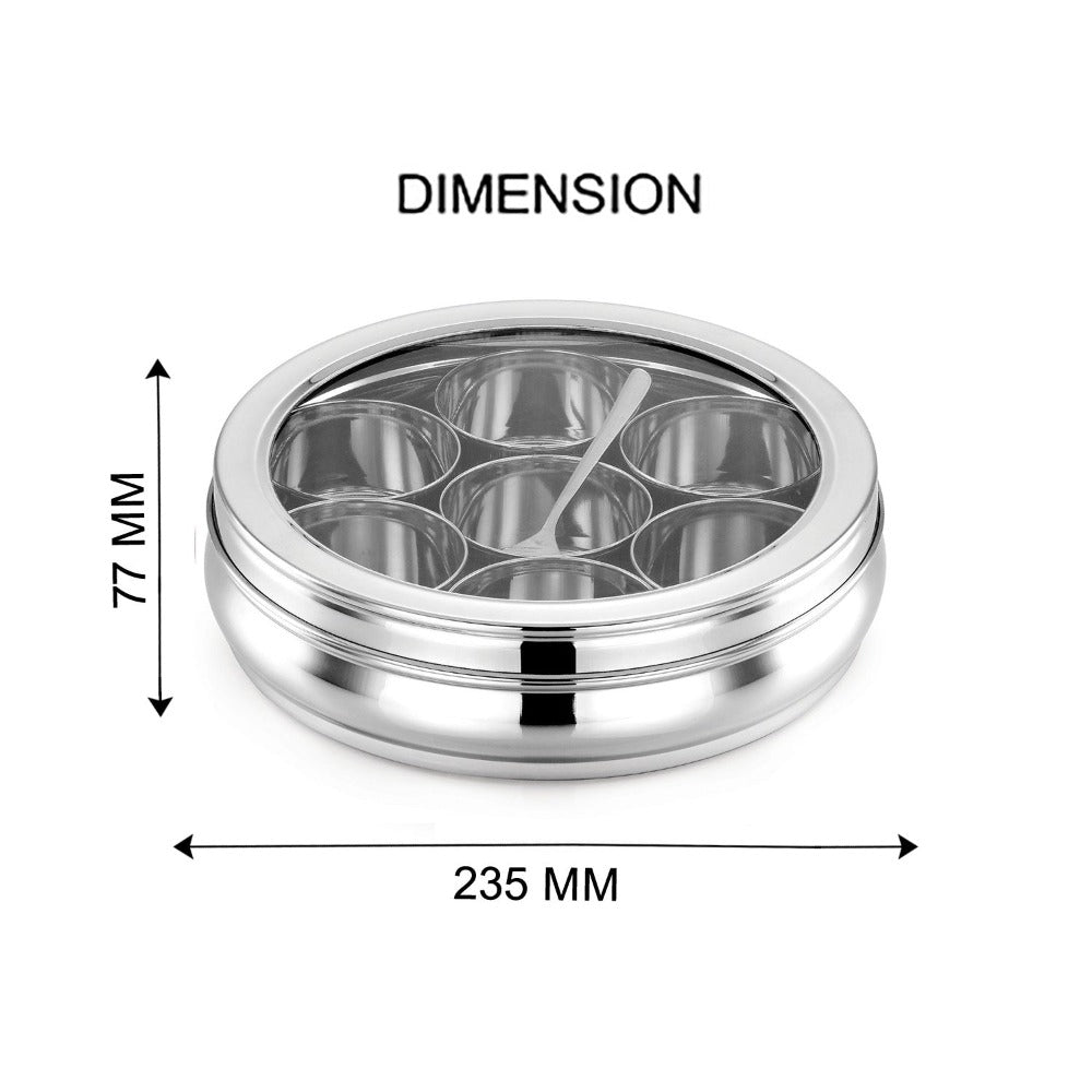 AVIAS Stainless Steel Deluxe Spice Box with See-Through Lid | 7 Compartments and 1 Spoon | Silver