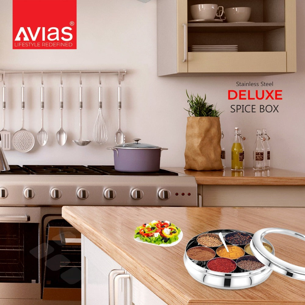 AVIAS Stainless Steel Deluxe Spice Box with See-Through Lid | 7 Compartments and 1 Spoon | Silver