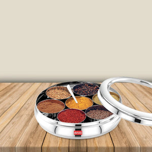 AVIAS Stainless Steel Deluxe Spice Box with See-Through Lid | 7 Compartments and 1 Spoon | Silver
