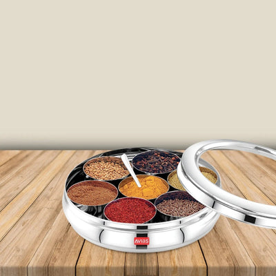 AVIAS Stainless Steel Deluxe Spice Box with See-Through Lid | 7 Compartments and 1 Spoon | Silver