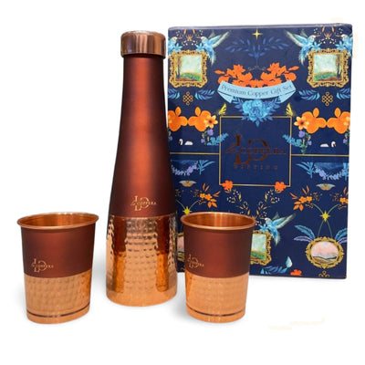 Lacoppera Copper Choice CoCo Water Bottle with 2 Glass Drinkware Gift Set | Set of 3 Pcs