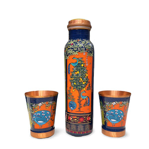 Lacoppera Copper Mist Vanavaibhav Water Bottle with 2 Glass Drinkware Gift Set | Set of 3 Pcs