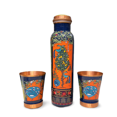 Lacoppera Copper Mist Vanavaibhav Water Bottle with 2 Glass Drinkware Gift Set | Set of 3 Pcs