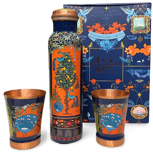Lacoppera Copper Mist Vanavaibhav Water Bottle with 2 Glass Drinkware Gift Set | Set of 3 Pcs