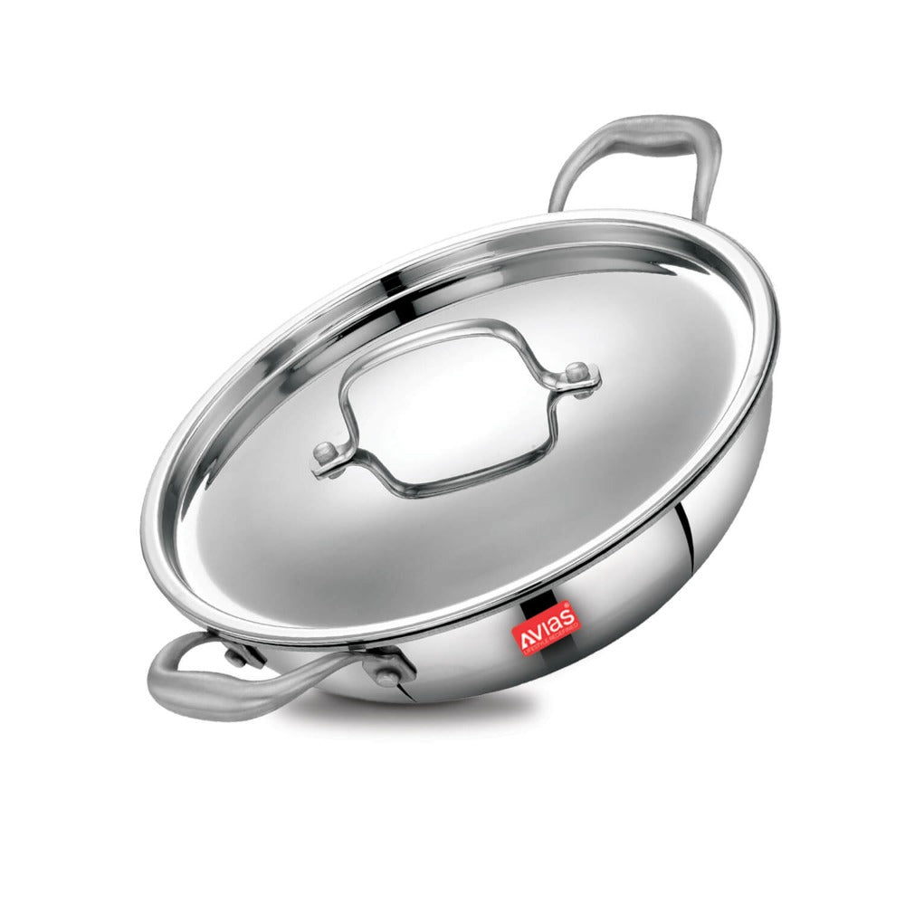 AVIAS Riara Premium Stainless Steel Tri-Ply Kadhai With Lid | Gas & Induction Compatible | Silver | 1 Pc