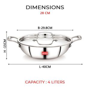 AVIAS Riara Premium Stainless Steel Tri-Ply Kadhai With Lid | Gas & Induction Compatible | Silver | 1 Pc