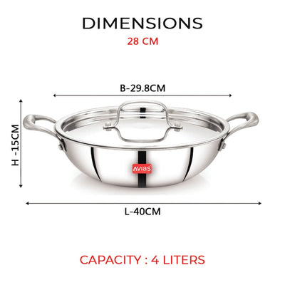 AVIAS Riara Premium Stainless Steel Tri-Ply Kadhai With Lid | Gas & Induction Compatible | Silver | 1 Pc