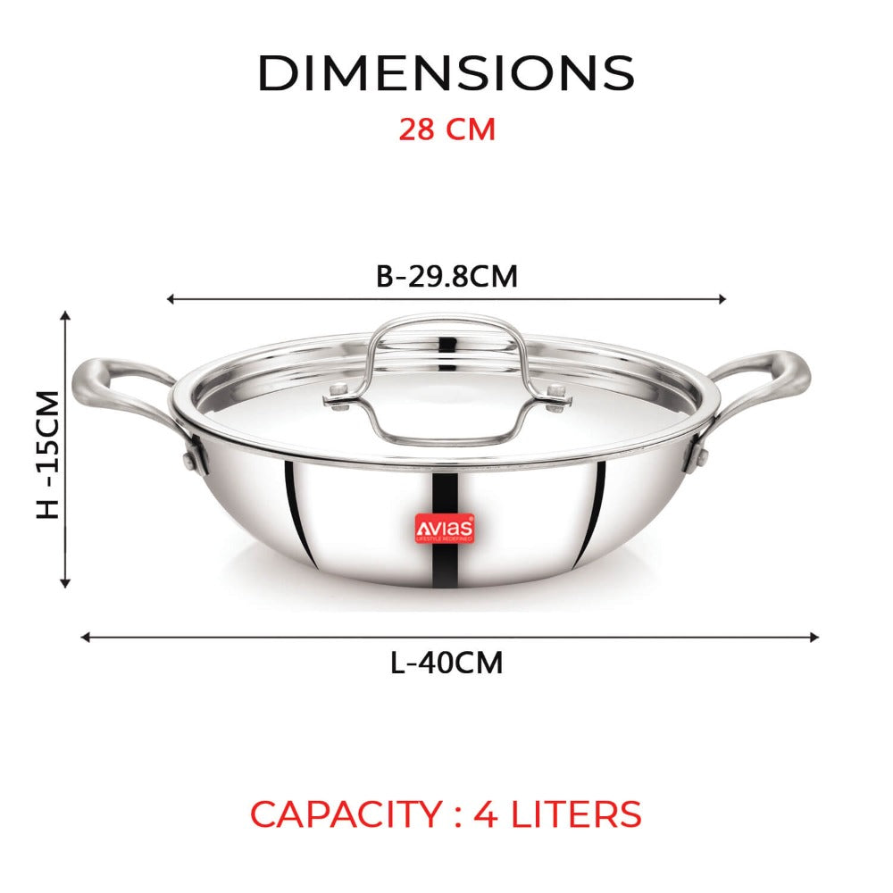 AVIAS Riara Premium Stainless Steel Tri-Ply Kadhai With Lid | Gas & Induction Compatible | Silver | 1 Pc