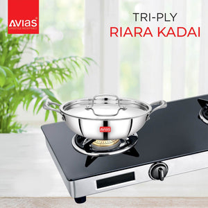 AVIAS Riara Premium Stainless Steel Tri-Ply Kadhai With Lid | Gas & Induction Compatible | Silver | 1 Pc