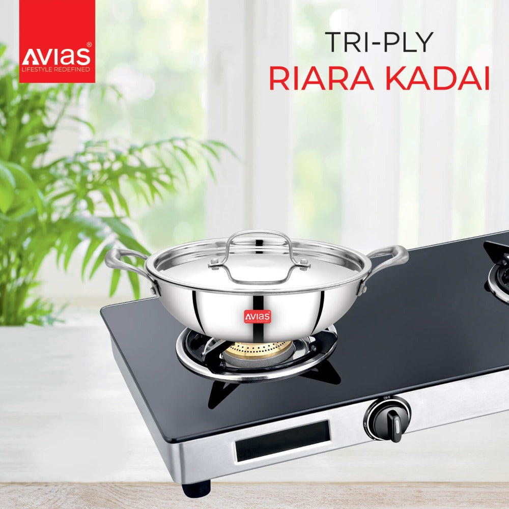 AVIAS Riara Premium Stainless Steel Tri-Ply Kadhai With Lid | Gas & Induction Compatible | Silver | 1 Pc