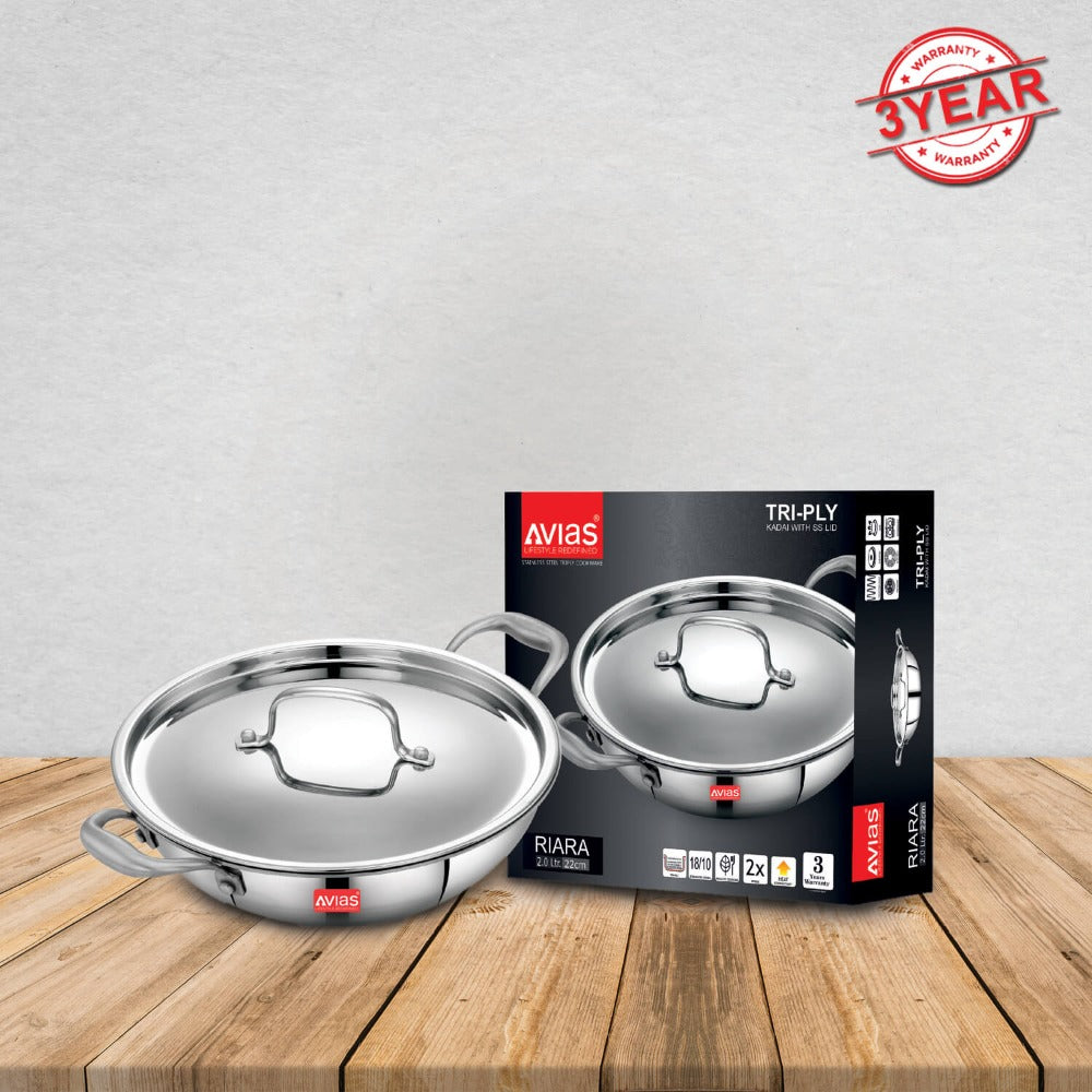 AVIAS Riara Premium Stainless Steel Tri-Ply Kadhai With Lid | Gas & Induction Compatible | Silver | 1 Pc