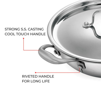 AVIAS Riara Premium Stainless Steel Tri-Ply Kadhai With Lid | Gas & Induction Compatible | Silver | 1 Pc
