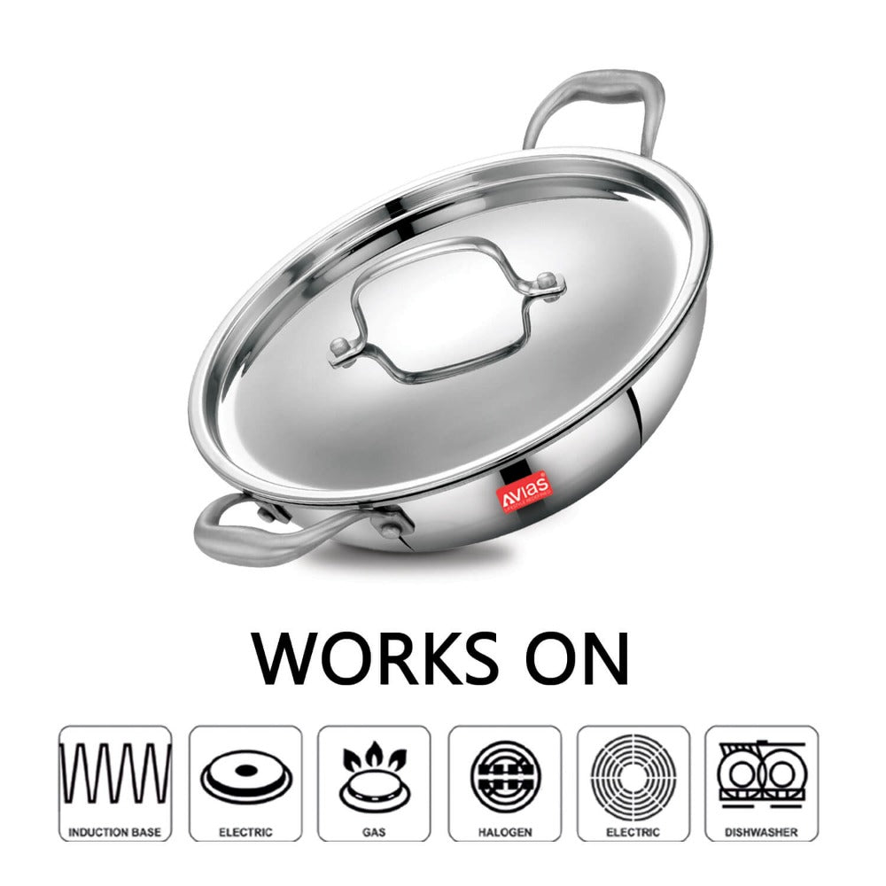 AVIAS Riara Premium Stainless Steel Tri-Ply Kadhai With Lid | Gas & Induction Compatible | Silver | 1 Pc
