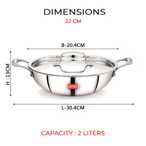 AVIAS Riara Premium Stainless Steel Tri-Ply Kadhai With Lid | Gas & Induction Compatible | Silver | 1 Pc