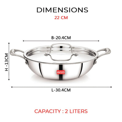 AVIAS Riara Premium Stainless Steel Tri-Ply Kadhai With Lid | Gas & Induction Compatible | Silver | 1 Pc