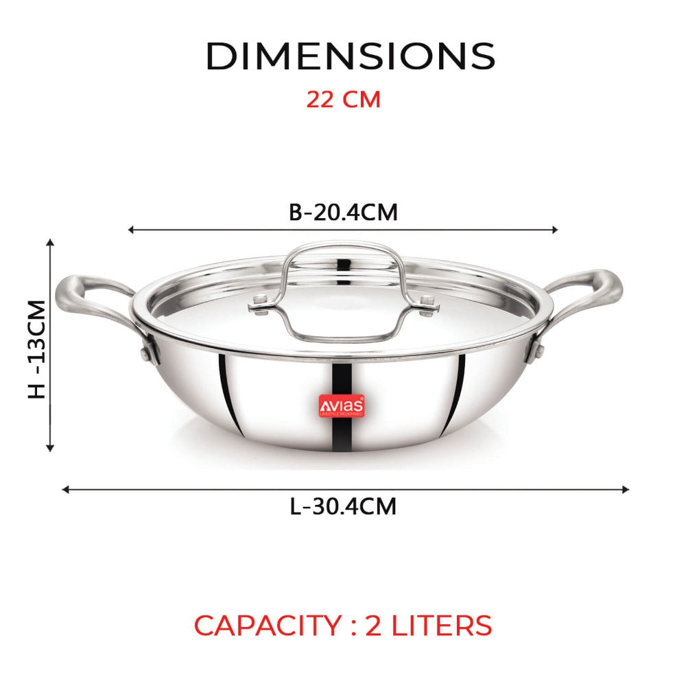 AVIAS Riara Premium Stainless Steel Tri-Ply Kadhai With Lid | Gas & Induction Compatible | Silver | 1 Pc