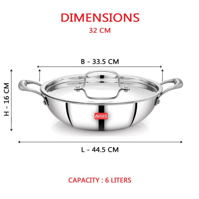 AVIAS Riara Premium Stainless Steel Tri-Ply Kadhai With Lid | Gas & Induction Compatible | Silver | 1 Pc