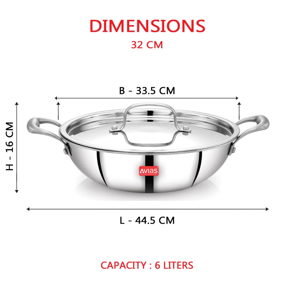 AVIAS Riara Premium Stainless Steel Tri-Ply Kadhai With Lid | Gas & Induction Compatible | Silver | 1 Pc