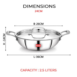 AVIAS Riara Premium Stainless Steel Tri-Ply Kadhai With Lid | Gas & Induction Compatible | Silver | 1 Pc