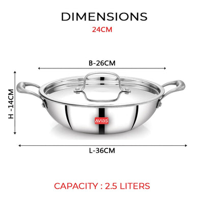 AVIAS Riara Premium Stainless Steel Tri-Ply Kadhai With Lid | Gas & Induction Compatible | Silver | 1 Pc