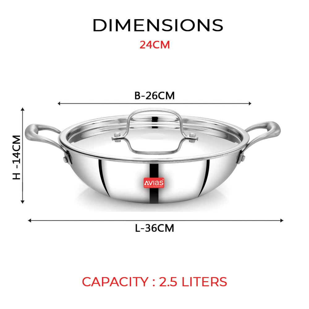 AVIAS Riara Premium Stainless Steel Tri-Ply Kadhai With Lid | Gas & Induction Compatible | Silver | 1 Pc