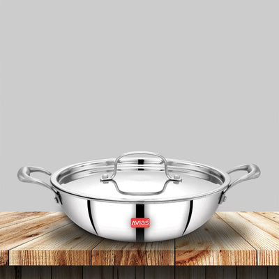 AVIAS Riara Premium Stainless Steel Tri-Ply Kadhai With Lid | Gas & Induction Compatible | Silver | 1 Pc