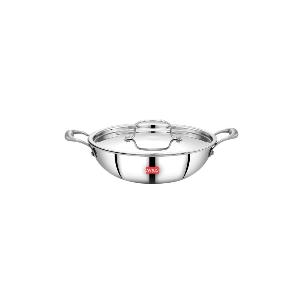 AVIAS Riara Premium Stainless Steel Tri-Ply Kadhai With Lid | Gas & Induction Compatible | Silver | 1 Pc