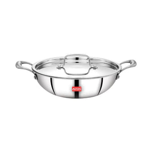 AVIAS Riara Premium Stainless Steel Tri-Ply Kadhai With Lid | Gas & Induction Compatible | Silver | 1 Pc