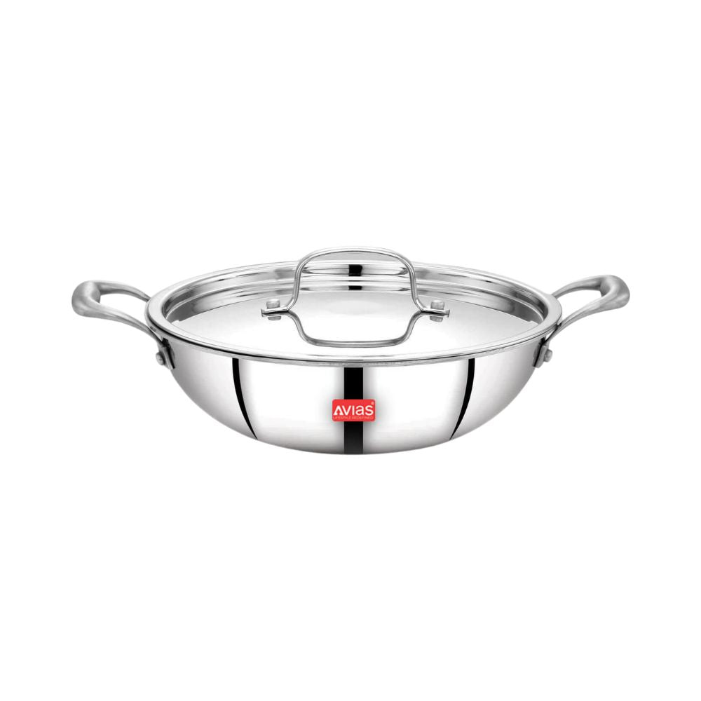 AVIAS Riara Premium Stainless Steel Tri-Ply Kadhai With Lid | Gas & Induction Compatible | Silver | 1 Pc