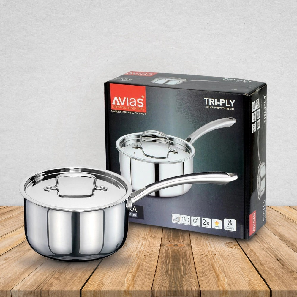 AVIAS Riara Premium Stainless Steel Tri-Ply Saucepan With Steel Lid | Gas & Induction Compatible | Silver
