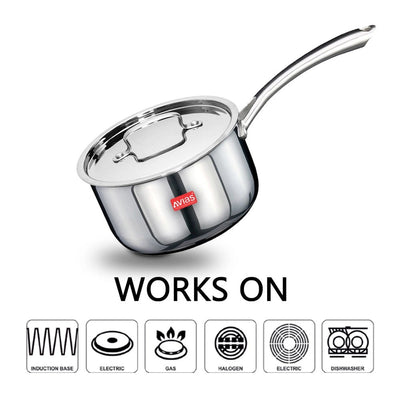 AVIAS Riara Premium Stainless Steel Tri-Ply Saucepan With Steel Lid | Gas & Induction Compatible | Silver