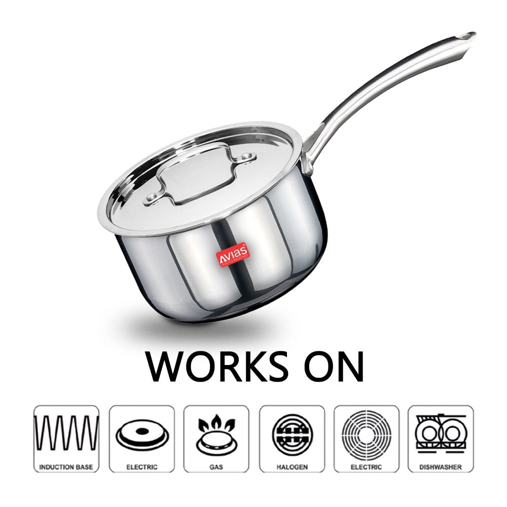 AVIAS Riara Premium Stainless Steel Tri-Ply Saucepan With Steel Lid | Gas & Induction Compatible | Silver