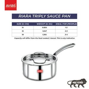 AVIAS Riara Premium Stainless Steel Tri-Ply Saucepan With Steel Lid | Gas & Induction Compatible | Silver