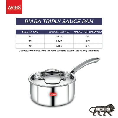 AVIAS Riara Premium Stainless Steel Tri-Ply Saucepan With Steel Lid | Gas & Induction Compatible | Silver