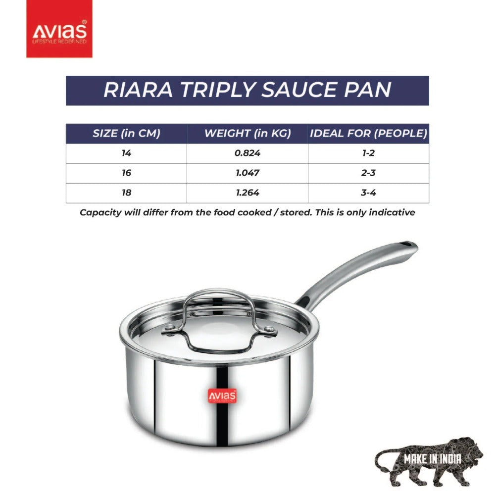 AVIAS Riara Premium Stainless Steel Tri-Ply Saucepan With Steel Lid | Gas & Induction Compatible | Silver