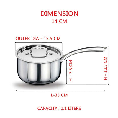 AVIAS Riara Premium Stainless Steel Tri-Ply Saucepan With Steel Lid | Gas & Induction Compatible | Silver