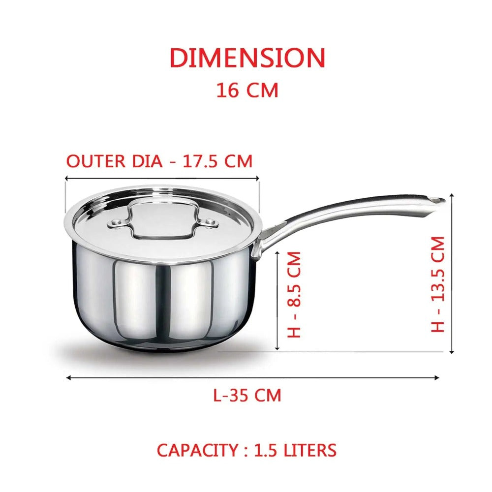 AVIAS Riara Premium Stainless Steel Tri-Ply Saucepan With Steel Lid | Gas & Induction Compatible | Silver