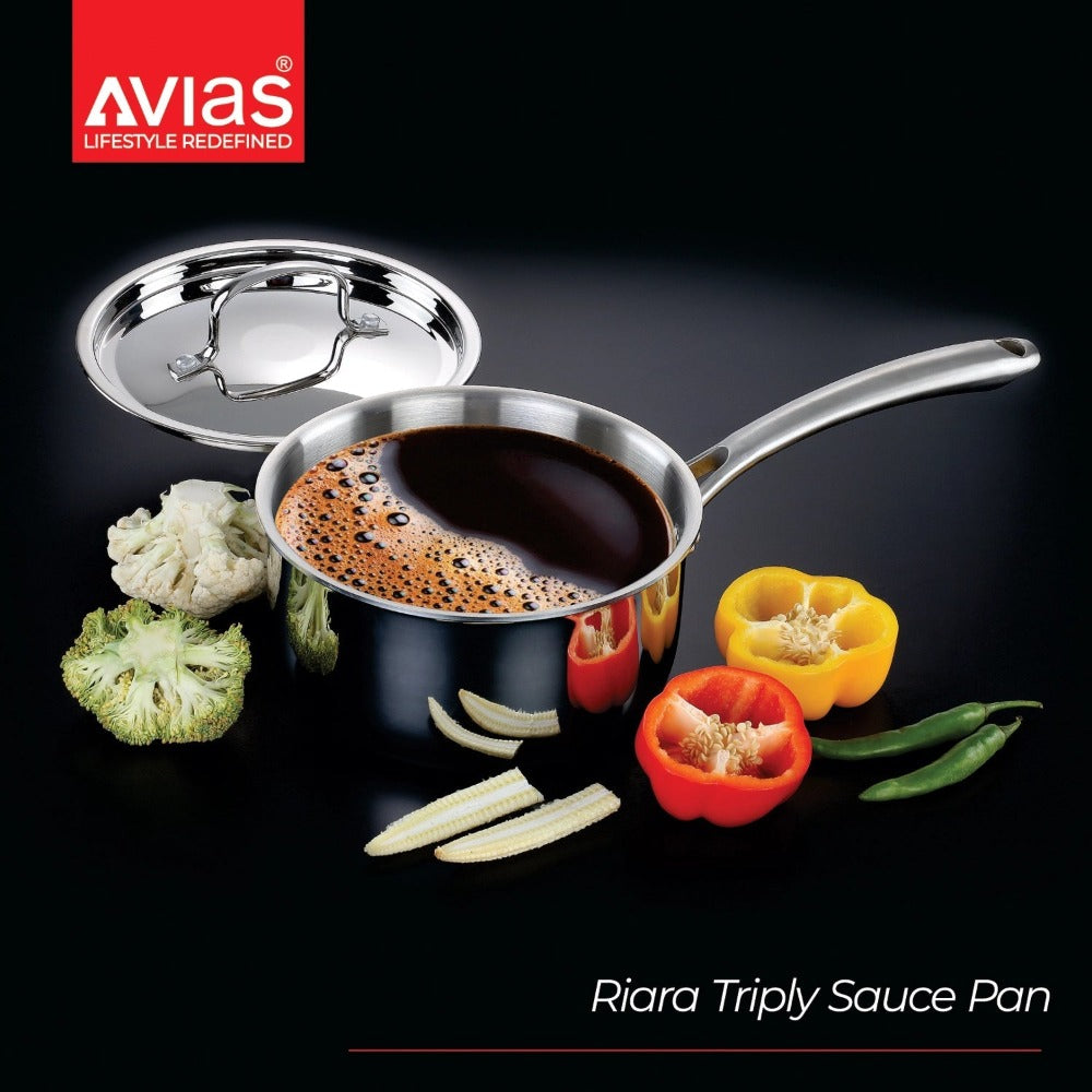 AVIAS Riara Premium Stainless Steel Tri-Ply Saucepan With Steel Lid | Gas & Induction Compatible | Silver