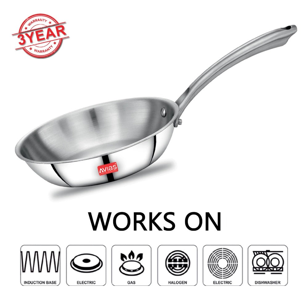 AVIAS Riara Premium Stainless Steel Tri-Ply Fry Pan | Gas & Induction Compatible | Silver
