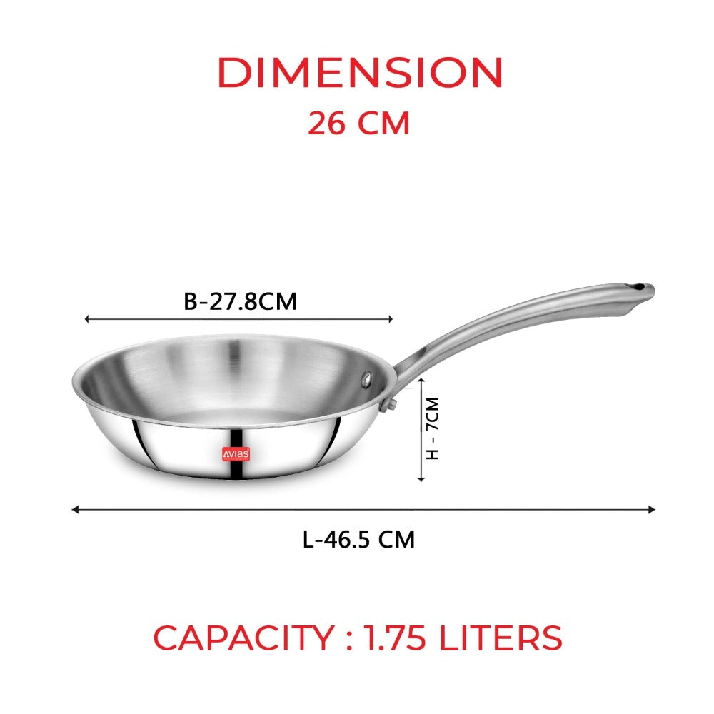 AVIAS Riara Premium Stainless Steel Tri-Ply Fry Pan | Gas & Induction Compatible | Silver