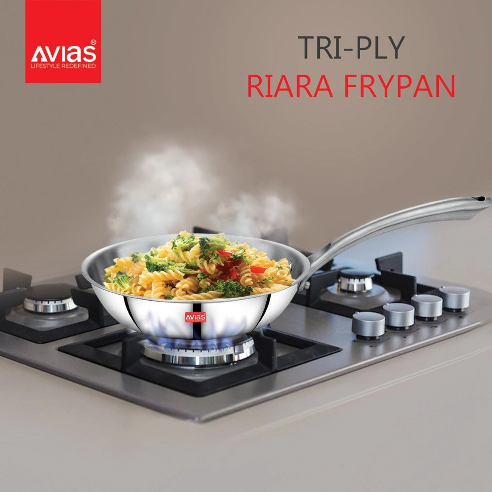 AVIAS Riara Premium Stainless Steel Tri-Ply Fry Pan | Gas & Induction Compatible | Silver
