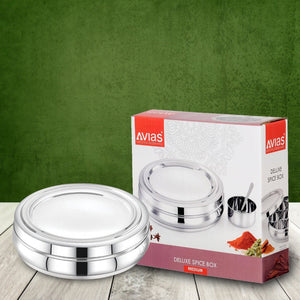 AVIAS Stainless Steel Deluxe Spice Box with Stainless Lid | 7 Compartments and 1 Spoon | Silver