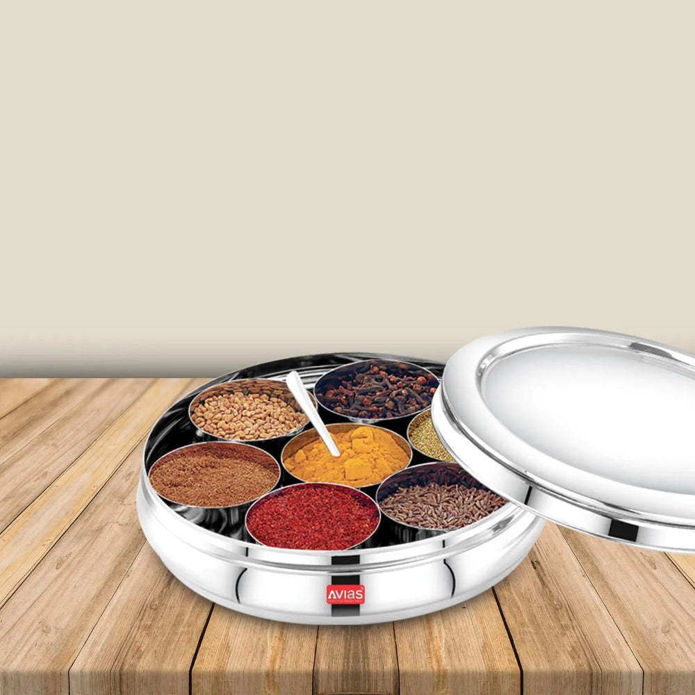 AVIAS Stainless Steel Deluxe Spice Box with Stainless Lid | 7 Compartments and 1 Spoon | Silver