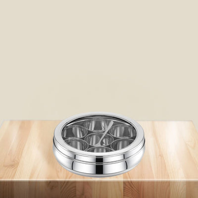 AVIAS Stainless Steel Deluxe Spice Box with See-Through Lid | 7 Compartments and 1 Spoon | Silver