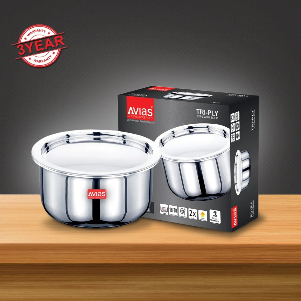 AVIAS Riara Premium Stainless Steel Tri-Ply Tope With Steel Lid | Gas & Induction Compatible | Silver