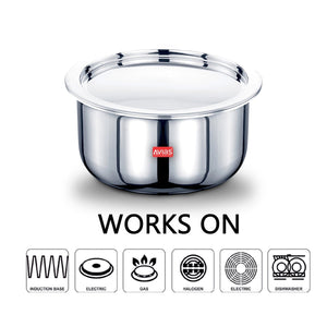 AVIAS Riara Premium Stainless Steel Tri-Ply Tope With Steel Lid | Gas & Induction Compatible | Silver