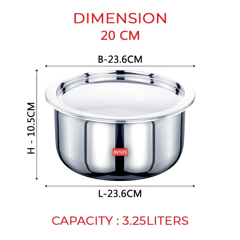 AVIAS Riara Premium Stainless Steel Tri-Ply Tope With Steel Lid | Gas & Induction Compatible | Silver