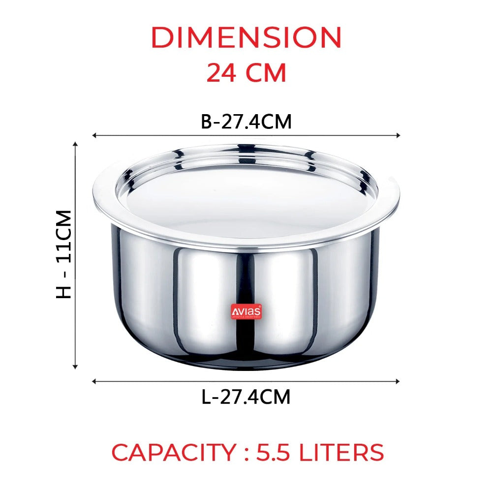 AVIAS Riara Premium Stainless Steel Tri-Ply Tope With Steel Lid | Gas & Induction Compatible | Silver