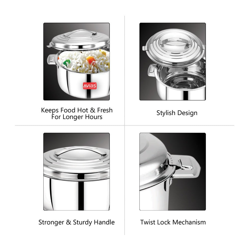 AVIAS Platina Premium Double Wall Insulated Stainless Steel Casserole | Silver | 1 Pc