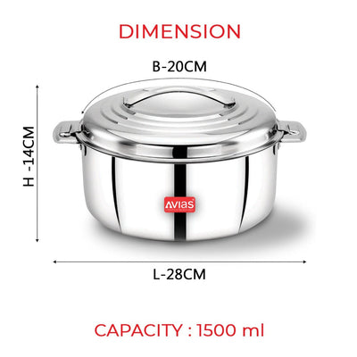 AVIAS Platina Premium Double Wall Insulated Stainless Steel Casserole | Silver | 1 Pc
